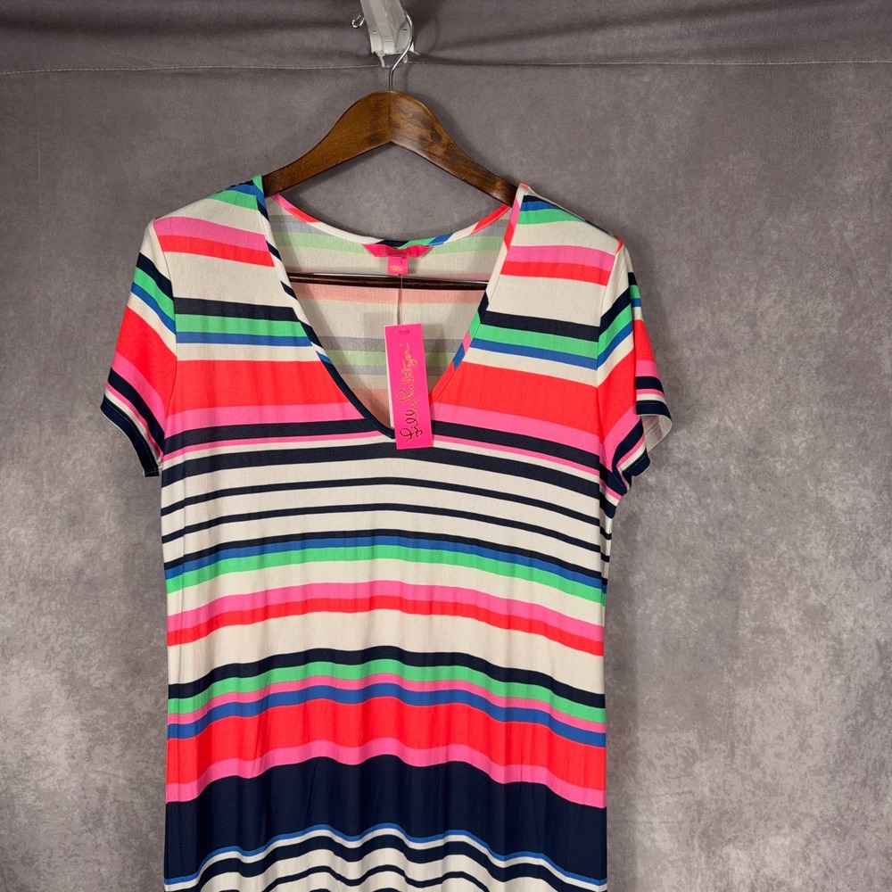 Lilly Pulitzer Milana Maxi Dress Sunshine Stripe Jersey Knit XL Multi Color NWT